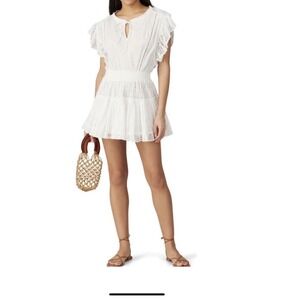 MISA Los Angeles Sarika White Eyelet Ruffle Mini Dress Smocked Waist Medium‎